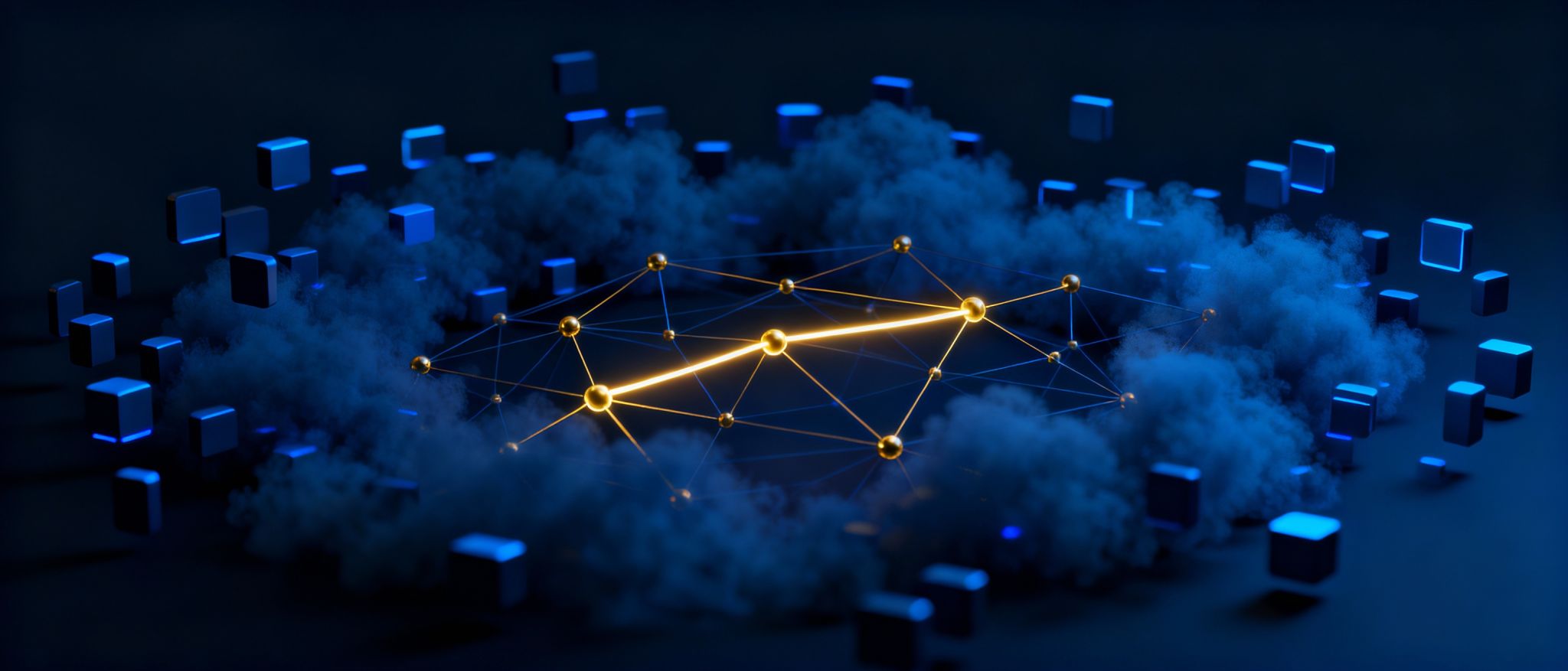 Glowing knowledge graph emerging from cloud, hybrid GraphRAG architecture